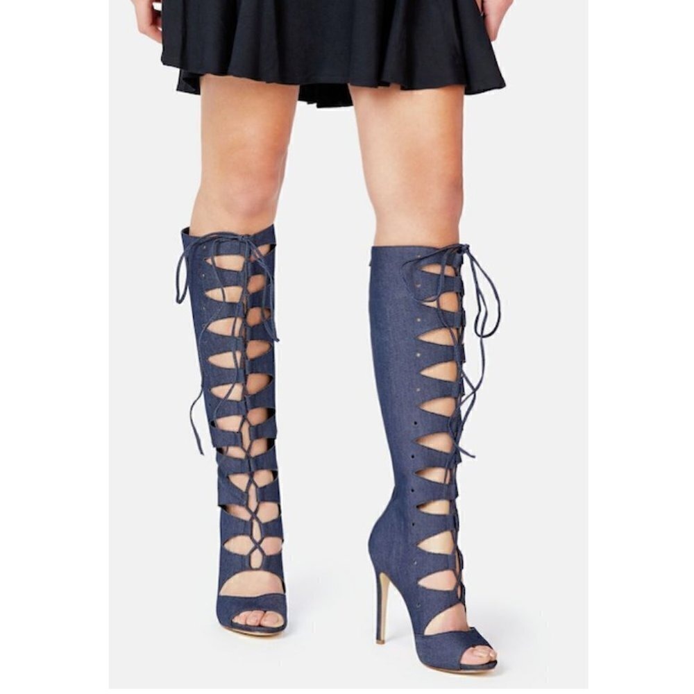 JustFab Ausia Blue Denim Laser Cut Lace Up Knee High Peep Toe Heel Boots Size 7